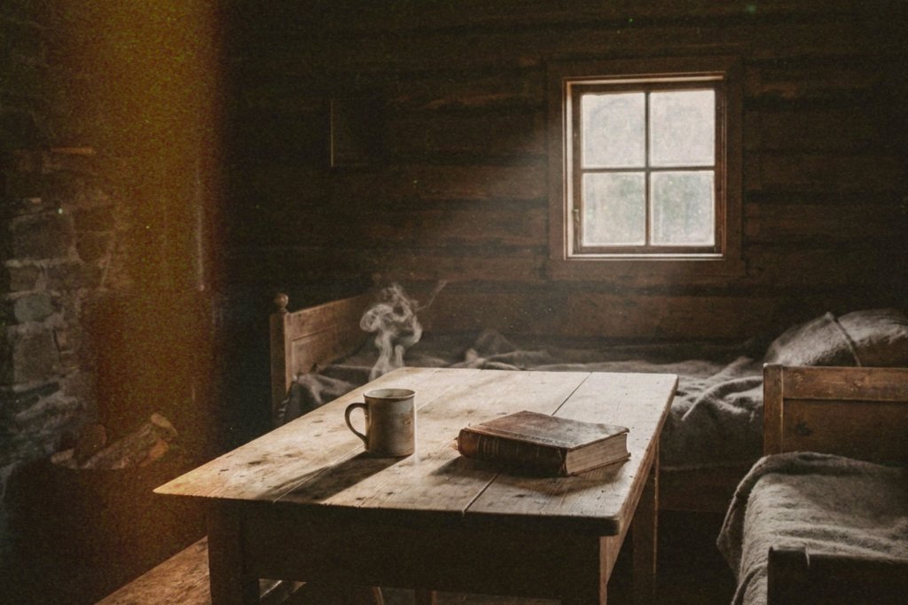 Taza de café caliente junto a un libro abierto sobre mesa de madera, iluminados por luz tenue en una tarde invernal